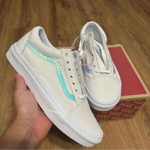 VANS Old Skool White Leather Holo Sidestripe Skate Shoes sneakers women’s 7 new